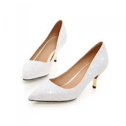 Spring Pointed Toe Kvinnor Skor Bekväm Middle Heel White Glitter Sequined Cloth Wedding Party Shoes Bridal Pumps Plus Storlek