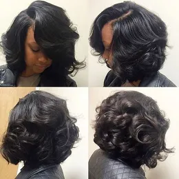 wavy curly Bob hd Human Hair Wigs side Bangs For Black Women 180%density Virgin remy Full natural Front lace Wig bobby style diva1
