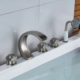 Modern Deck Mount 5pcs Bathtub Faucet Set with Hand-held Shower Spray Brushed Nickel Brass Finish