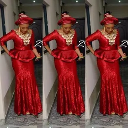 カスタムメイドのナイジェリアのスパンコールvestidos光沢のあるウエディングドレスAso ebi長袖のイブニングガウンイベントの摩耗安いスタイルのウエディングドレス