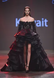 Eleganckie wysokie, niskie czarne sukienki balowe 2023 Koronkowe koronki organza długie rękaw Sheer Szyja Wzmocnione arabskie Dubai Kaftan Formalne suknie wieczorowe