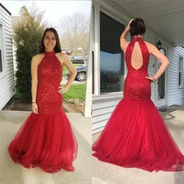 New Red Prom Dresses Mermaid High Neck Beaded Keyhole Evening Party Gowns Tulle Backless Long Vestidos De Fiesta Custom China