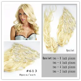 Brasiliansk Virgin Hair Body Wave 100g 8st Clip In Human Hair Extension Clips för afroamerikanskt hår # 2 # 4 # 6 # 8 613 Blek blondin