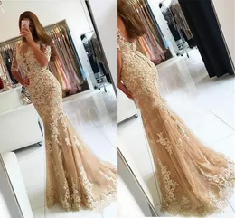 Evening Dresses Wear 2017 New Sexy Illusion Half Sleeves Champagne Lace Appliques Prom Dress Mermaid Backless Sweep Train Formal Party Gowns