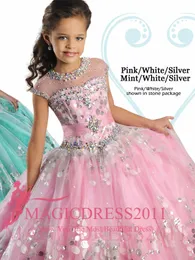 2022 Girl's Pageant Dresses Beaded Ruffles Sheer Neck Ball Klänning Golvlängd Rosa Blå Blommig Tjej Klänningar Sequins Dress