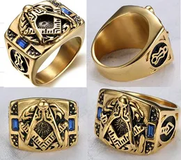 Popularne Blue Sapphire CZ Freemason Masonic Men Pierścionki 316L Ze Stali Nierdzewnej Bez Nierdzewnej Mason Master Signet Compass and Square Farmitity Element Pierścień Biżuteria Wysoka jakość