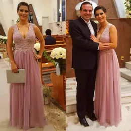 ブラッシュレースアップリケの母の花嫁のドレスvネック結婚式のゲストドレスプラスサイズのVestido de la Madre de la Novia