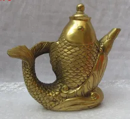 Marqué Vieux Chine laiton fengshui estátua de Augure Poissons Vin Pot Théière grand