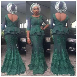 Hunter Green Spitze Meerjungfrau Abendkleider 2019 Sexy Afrikanische Nigeria Aso Ebi 3/4 Langarm Schößchen Low Back Anlass Prom Party Kleid