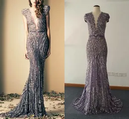 Real Images Bling Deep V Neck Mermaid Evening Gowns Beaded Vestidos Ziad Nakad Sweep Train Modest Prom Dresses High Quality Cap Sleeve