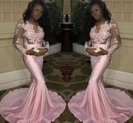 Attractive Plunging Sexy Evening Long Illusion Sleeves Prom Gowns Back Zipper Mermaid Style Custom Made Formal Party Dresses African