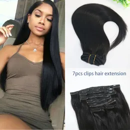 Straight Brasilian Human Hair Clip In Hair Extension 1B Naturlig Färg Human Virgin Hair African American 7pcs 120gram