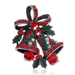 Julsmycken Multicolor Rhinestone Leaf Bells Broscher Antik Guldlegering Brosch Corsage Pins Xmas Gifts Partihandel