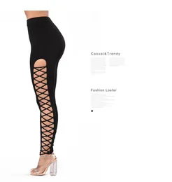Ny design kvinnor sexig bodyon hög midja elastisk midja 2 sidor uthular snörning bandage tunika leggings tights byxor smlxl