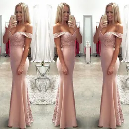 Elegant Off The Shoulder Lace And Satin Bridesmaid Dresses For Wedding Blush Pink Mermaid Prom Party Gowns Floor Length Women Formal Wear