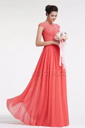 New real Coral Modest Chiffon Lace Vestidos Cap dama Manga Longa A linha de Piso de comprimento convidados do casamento Vestidos Maids baratos de Honra