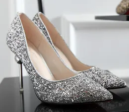 Women wedding Bling Sequined high-heeled Shoes Fashion Glitter Gorgeous Party High Heel Pumps shoes gold silver red Christmas gift 9.5cm