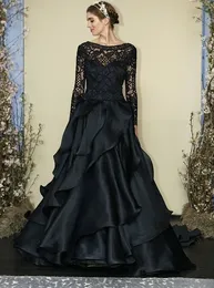 Gorgeous Black Prom Dreses Ball Gown Sweep Train Evening Dresses Scoop Lace Long Sleeves Zipper Back Runway Gowns