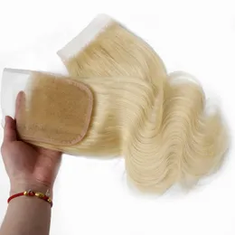 Remy rakt top stängning kroppsvåg mänskliga hår stängningar gratis del 4x4 brasilianska jungfru hår schweiziska spetsar stängning stycke # 613 blekta knutar