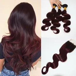 Ombre Hair 4 * 4 Lace Zamknięcie z 3 Wiązkami 300gram Dwa Tone Dip Barwniki Burgundia 99J Ciała Fala Ludzkich Włosów Zamknięcie