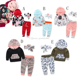 2017 Nya barnkläder Höstflickor Boys Bow Headband + Hooded Printing Top + Byxor 3st / Set Baby Floral Suits C2298