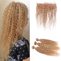 Brasilianska Virgin Hair Weave # 27 Honey Blonde Afro Kinky Curly Lace Frontal med buntar # 27 Hårbuntar med öra till öronspetsning