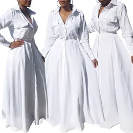 Women Fashion Turndown Collor Buttons Down White Dress Front Pockets High Waist Big Swing Slim Tunic Maxi Long Dresses5292807