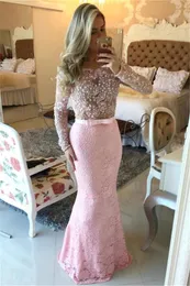 Nowoczesne Długie rękawy Różowy Prom Dresses Mermaid Lace podłóg Długość See Through suknia vestidos de graduacion cortos