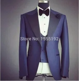 Toptan-Yüksek Kalite Gerçek Resim Custom Made Donanma Damat Smokin İş Takımları Numran Yaka Blazer Beyaz Erkek Balo Mens Tux Damat