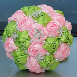 Grön och rosa Bröllop Bröllop Buketter Bröllop Tillbehör Konstgjorda blomsterpärlor Rhinestones Sweet 15 Quinceanera Bouquets W224-Z