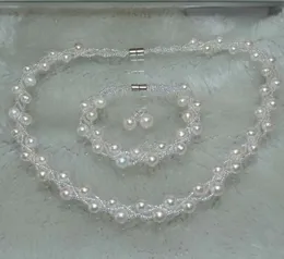 7-8mm 3strands cultured freshwater pearl Sets Necklace Bracelet & Earring stud