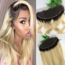 13x4 Brazylijska Koronka Frontal Closure Ombre 1B 613 Blondynka Human Dziewiczy Włosy Proste Body Wave Bleached Węzły Darmowa część