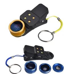 Światło napełniania LED 4 w 1 Clip-on Telefon komórkowy Zestawy kamerowe FISHEYE 198 Degree Fisheye 0.4 Szeroki Kąt 15 Makro Obiektyw Mini Klips Selfie Universal