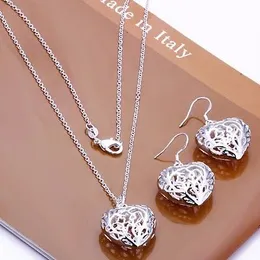 925 Sterling Silver Layered Womens Filigree Heart Pendant Necklace/Earrings Set