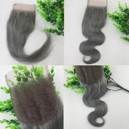 4x4 spets stängning grå mänsklig hår brasilianska jungfru hår rakt kroppsvåg blekta knutar fri del schweizisk spets
