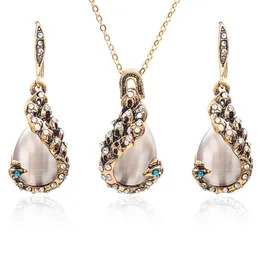 Kattens ögon Opal Crystal Örhängen och Halsband Sats Retro Crystal Waterdrop Smycken Set för Kvinnor Flickor Party Gift Smycken
