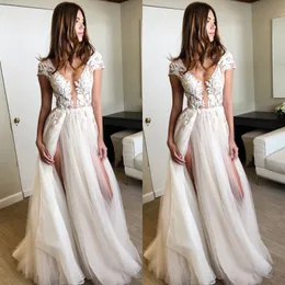 Sexy Two-Side-Split Long Prom Dresses Deep V-neck Short Sleeves Appliques Puffy Charming Party Dresses 2017 Cheap New Celebrity Evening Gown