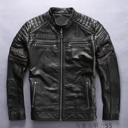 JIANAN motorcycle leather jackets vintage American customs skull head print stand collar 100% genuine leather jackets