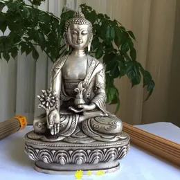 Chine Argent Bouddhisme dragão amende Po Chanté Bouddha Lotus siège Escultura Médecine Bouddha Estátua