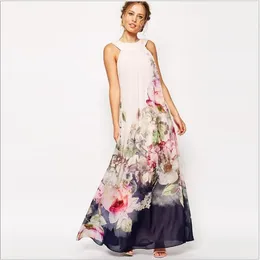 2017 sommar blommig print maxi klänningar kvinna strandklubb casual lös chiffong ärmlös o neck lång plus storlek mode boho kläder oxl072901