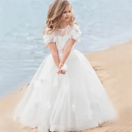 Ucuz Dantel Prenses Çiçek Kız Elbiseler Düğünler İçin Küçük Kızlar Pageant Elbise 3D Aplikler Tül Zemin Uzunluk Cemaat Gowns 415