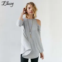 Wholesale- New Arrival 2016 Spring Summer Women T-shirts Three Quarter Sleeve Casual Loose Tee Tops Simple Fashion Off The Shoulder T Shirt