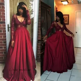 Sexy V Neck Long Sleeve Lace Prom Dress Burgundy A Line Sweep Train Evening Party Gown Custom Made Plus Size