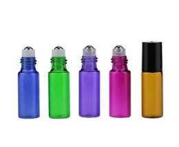 Colorful 5ml 1/6OZ ROLL ON GLASS ESSENTIAL OIL BOTTLE Perfume stainless steel Roller ball fragrance bottle 200pcs free dropper DHL Shipping