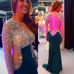 2023 Teal Long Sleeve Beaded Crystal Prom Dresses Mermaid Bling Sheer Neck Backless Chiffon Party Dress Formal Evening Gowns