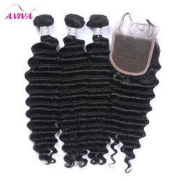 4Pcs/Lot Malaysian Deep Wave Virgin Human Hair Weaves With Closure 4*4Size Lace Closure With 3 Bundles Unprocessed Malaysian Deep Curly Hair