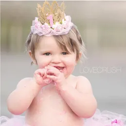 Hot New Gold Baby 1st Birthday Sparkly Party Crown Artificial Lace Rose Flowers Tiara Headband HJ153