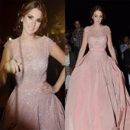 Elegant Cap Sleeve A Line Pink Evening Dresses Robe De Soiree With Pearls Sheer Lace Neck Floor Length Formal Prom