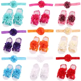 Baby Sandals Flower Shoes Cover Barefoot Foot Flower Ties Infant Girl Kids First Walker Shoes Headband Set Photography Props 17 Colors A46
