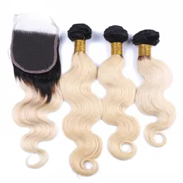 Body Wave 1B/613 Dark Root Ombre 4x4 Front Lace Closure with 3Bundles 4Pcs Lot Virgin Brazilian Blonde Ombre Hair with Top Closure